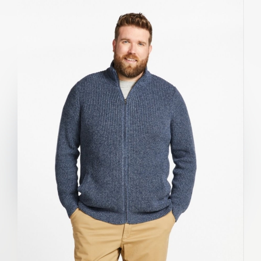 L.L.Bean Men's Organic Cotton Chunky Knit Sweater Cardigan Blue Full Zip M